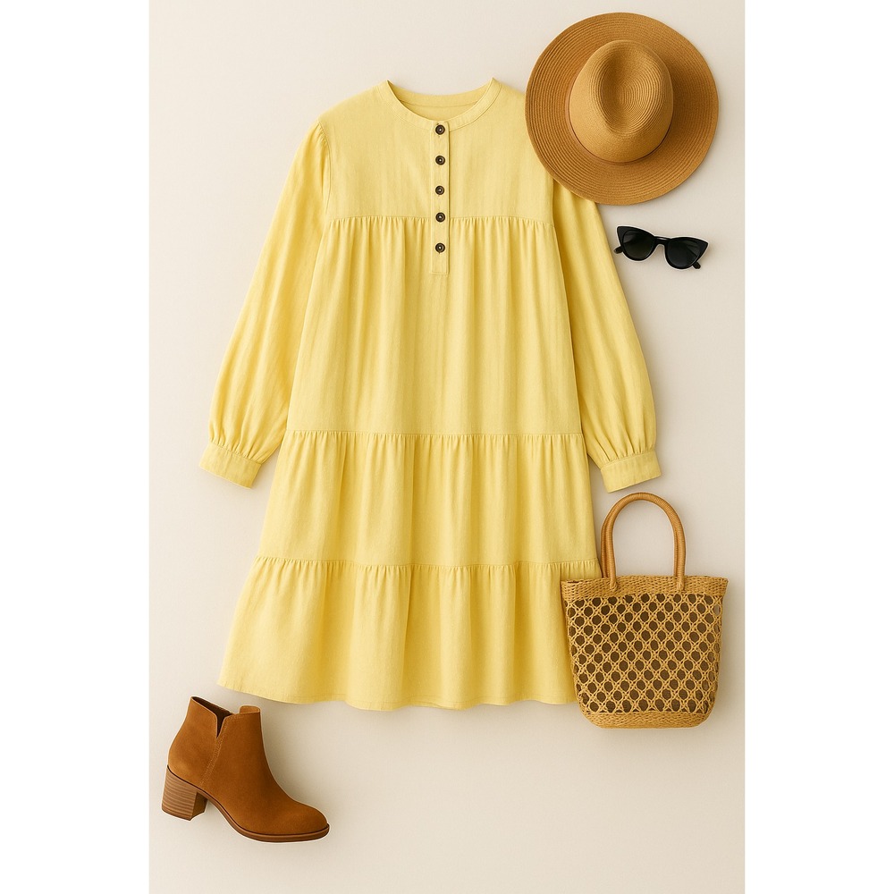 Pamela Love Dress M Tiered  Buttery Yellow Floral Textured Boho Babydoll Prairie